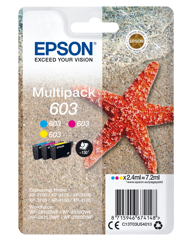Epson C13T03U54010/603 Cartouche d'encre multi pack C,M,Y, 3x130 Pages ISO/IEC 24711 7.2ml UE3 pour Epson XP 2100