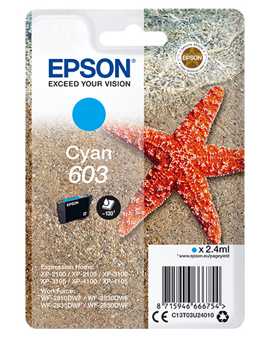 Epson C13T03U24010/603 Cartouche d'encre cyan, 130 Feuilles 2,4ml pour Epson XP 2100
