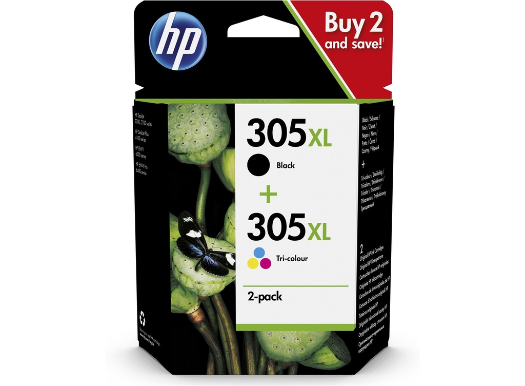 HP 6ZA94AE/305XL Cartouche à tête d'impression multi pack haute capacité noire + couleur 240pg + 200pg UE2 pour HP DeskJet 2710/e/Envy 6020/Envy 6020 e