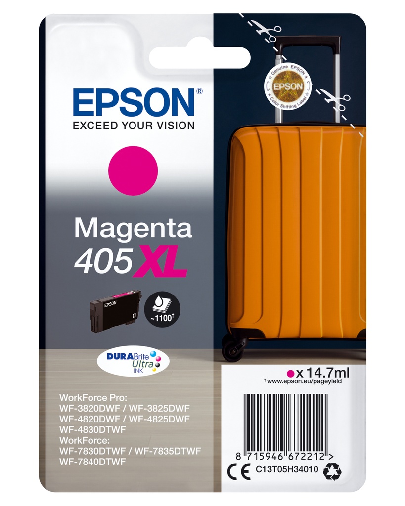Epson C13T05H34010/405XL Cartouche d'encre magenta haute capacité, 1.100 Feuilles 14.7ml pour Epson WF-3820/7830