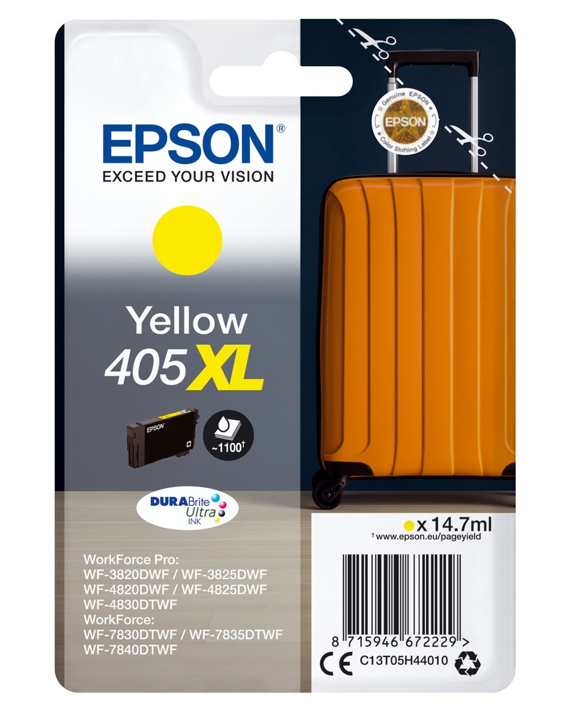 Epson C13T05H44010/405XL Cartouche d'encre jaune haute capacité, 1.100 Feuilles 14.7ml pour Epson WF-3820/7830