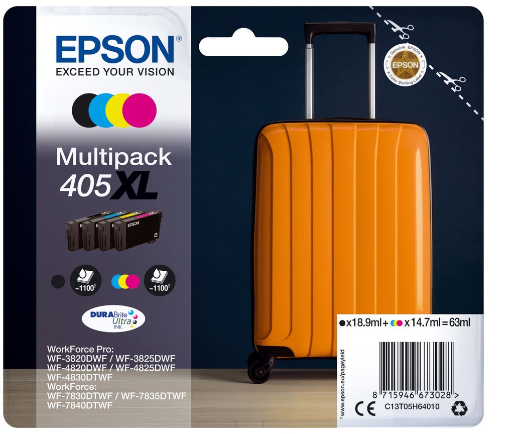 Epson C13T05H64010/405XL Cartouche d'encre multi pack Bk,C,M,Y haute capacité 18,9ml + 3x14,7ml UE4 pour Epson WF-3820/7830