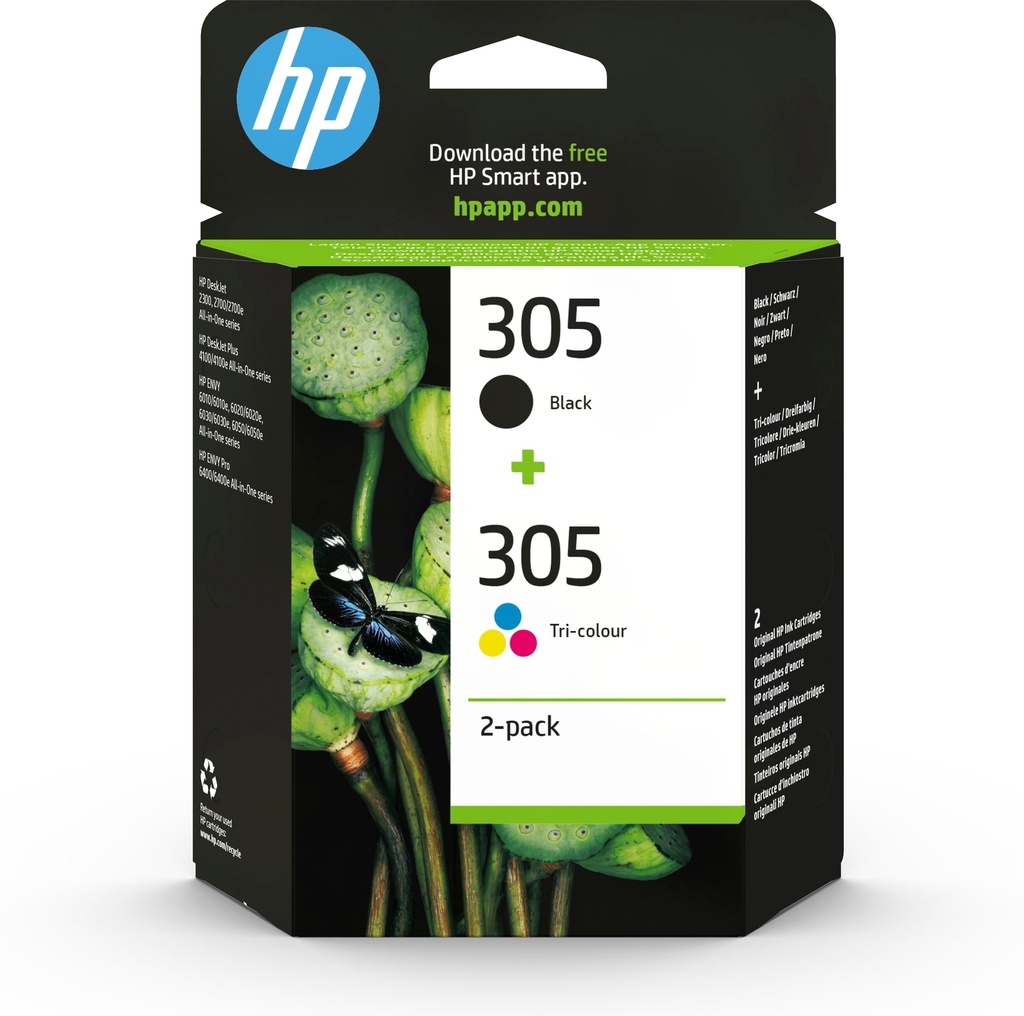 HP 305 2-Pack Tri-color/Black Original ink cartridge