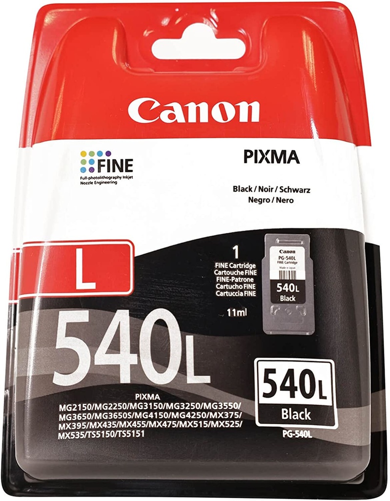 Canon 5224B001/PG-540L Cartouche à tête d'impression noire pigmentée, 300 Feuilles ISO/IEC 24711 11ml pour Canon Pixma MG 2150/MX 370