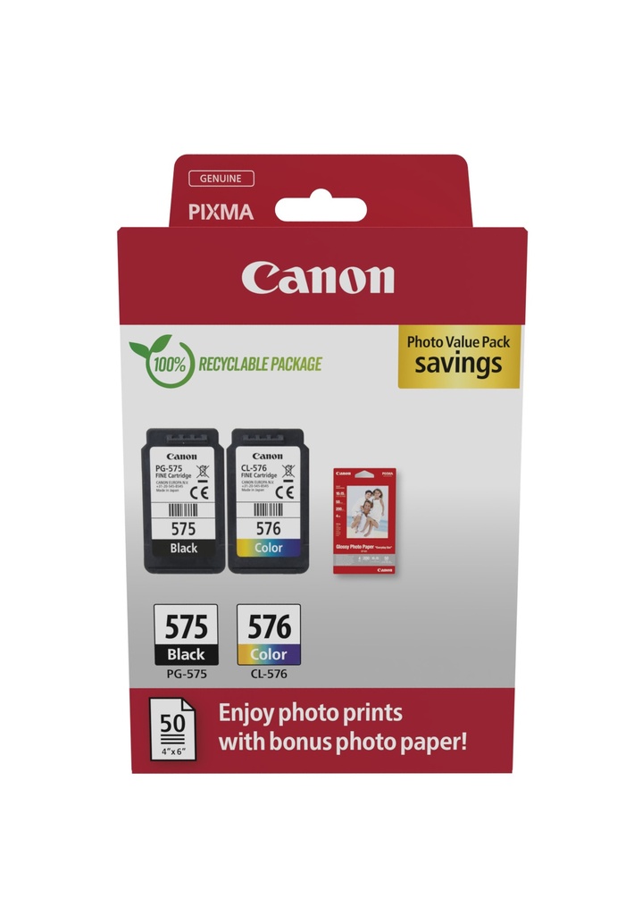Canon 5438C004/PG-575/CL-576 Cartouche à tête d'impression multi pack noire + couleur +50 feuilles Papier photo PVP 5,6ml + 6,2ml UE2 pour Canon Pixma TS 3550 i