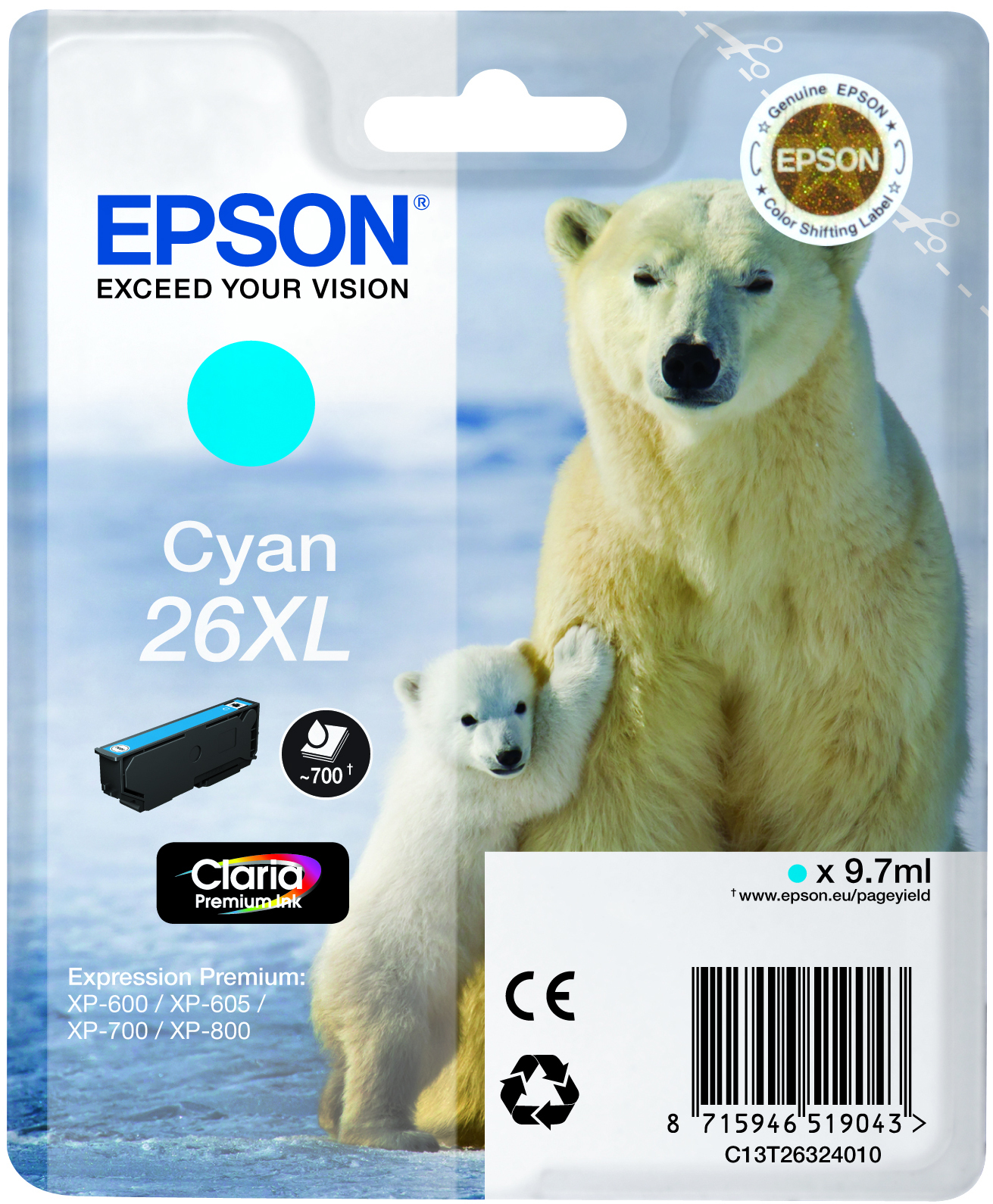 Epson C13T26324010 - Cartouche d'encre cyan haute capacité, 700 pages
