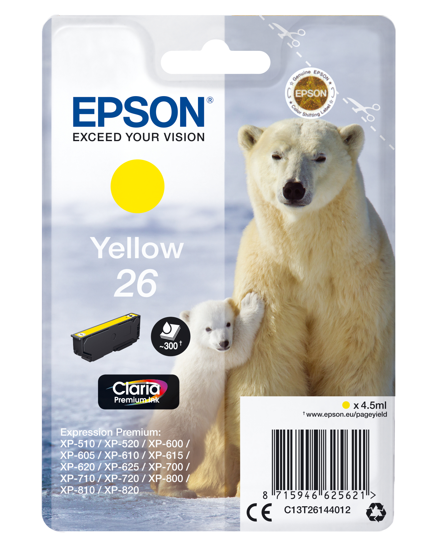 Epson C13T26144012/26 - Cartouche d'encre jaune, 300 pages