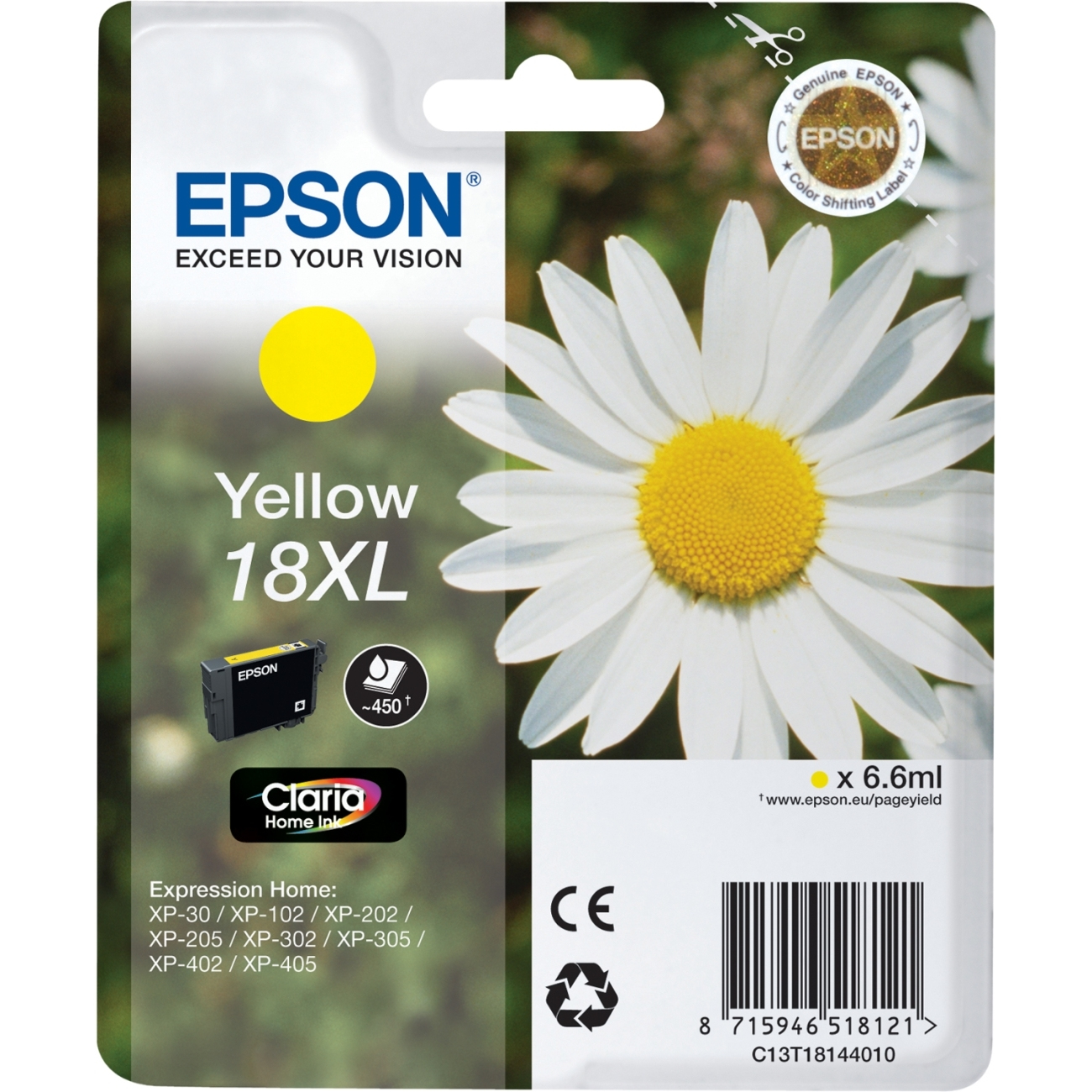 Epson C13T18144010/18XL - Cartouche d'encre jaune haute capacité, 450 pages