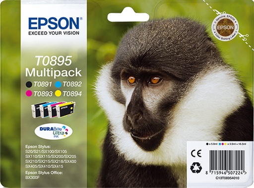 [52733] Epson C13T08954011/T0895 Cartouche d'encre multi pack Bk,C,M,Y 5,8ml + 3x3,5ml UE4 pour Epson Stylus S 20/SX 115/SX 415