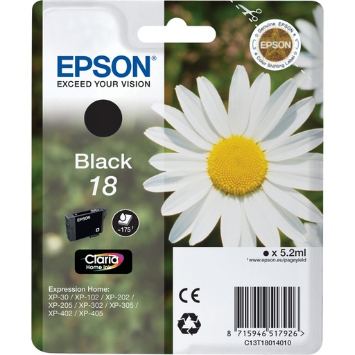 [53828] Epson C13T18014010/18 Cartouche d'encre noire, 175 Pages 5ml pour Epson XP 30