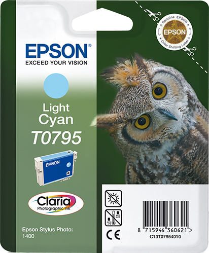 [55239] Epson C13T07954010/T0795 Cartouche d'encre cyan claire, 520 Pages ISO/IEC 24711 11ml pour Epson Stylus Photo P 50/PX 730/1400
