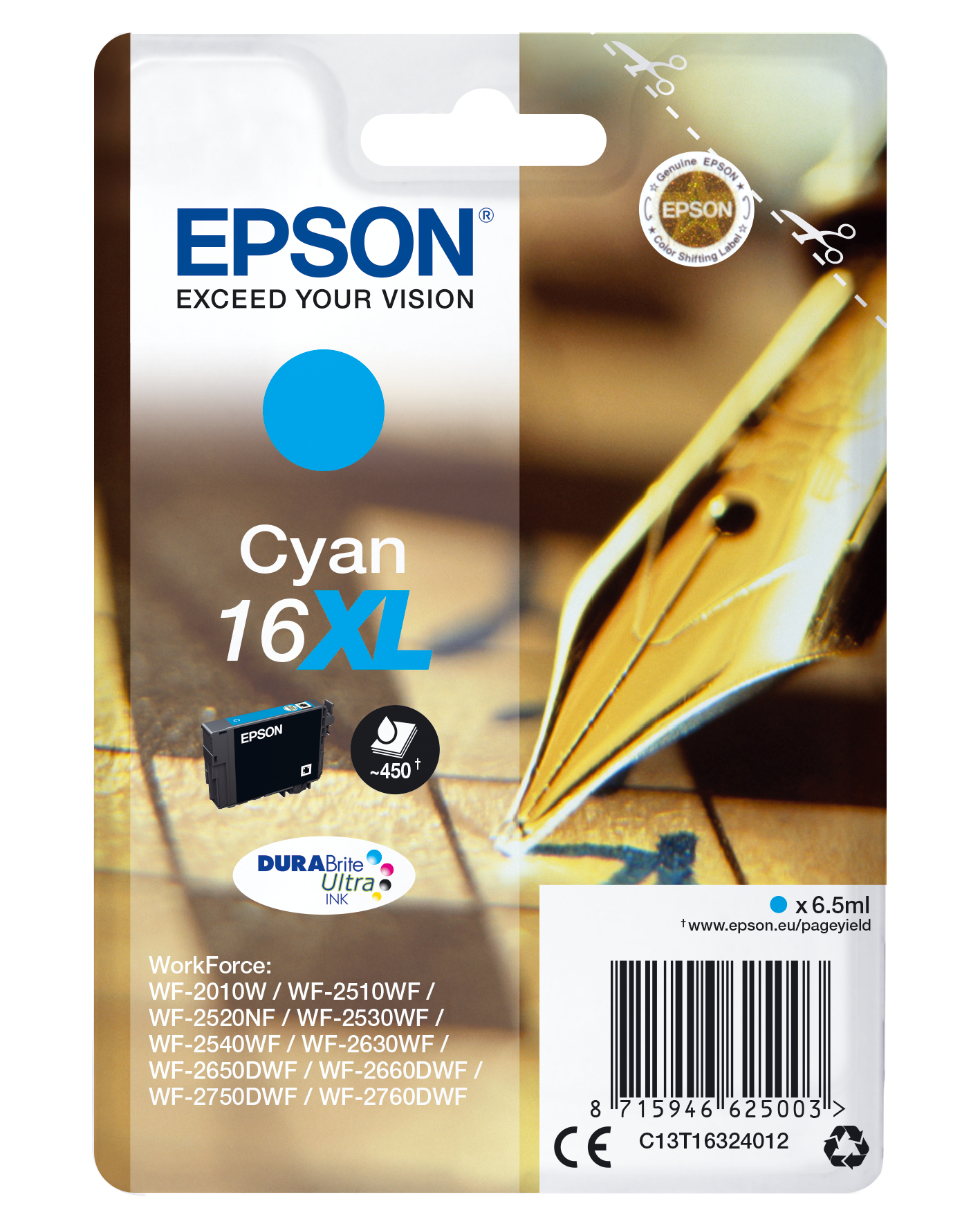 Epson C13T16324012 - Cartouche d'encre cyan haute capacité, 450 pages